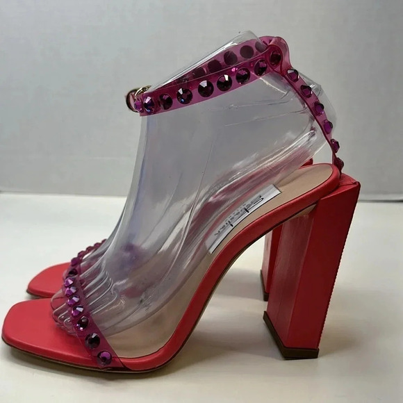Sebastian Milano High Heels Shoes Pumps Open Toe Ankle Strap Jeweled Pink 38 7.5 - Picture 1 of 11